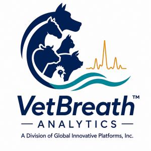 Global Innovative Platforms, Inc VetBreath Analytics logo featuring silhouettes of a dog, horse, cat, pig, cow, and chicken beside an orange diagnostic waveform, with teal waves and the text “A Division of Global Innovative Platforms, Inc.”