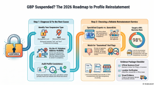 Infographic showing the 2026 GBP reinstatement roadmap in two steps: diagnosing suspension type (soft vs hard), fixing address visibility and profile consistency, then choosing a specialized reinstatement service with a 98% success rate and 250+ completed 