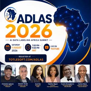 ADLAS 2026 AI Data Labeling Africa Summit virtual event banner featuring confirmed speakers and registration information for 15 August 2026.