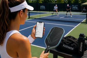 Just weeks after its official debut at the Beer City Open, Aithlete has already attracted more than 500 players across five countries, demonstrating early global demand for a platform built specifically for the rapidly evolving pickleball community Pickleball player checking the Aithlete mobile app courtside while holding a paddle on an outdoor pickleball court.