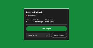 Card showing a 'Press Ad Visuals' review completed by Brand Agent, flagging 4 issues, with options to View Insights or Review Again.