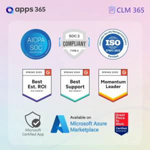 Apps365 CLM 365 security certifications including SOC 2 Type II, ISO 27001, Microsoft Certified App, and Azure Marketplace recognition