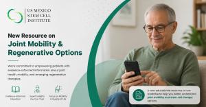 Senior adult viewing a smartphone with information about stem cell therapy for joint pain and regenerative medicine educational resources.