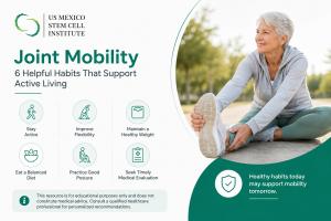 Educational joint mobility infographic showing a senior stretching outdoors with six healthy habits and information about stem cell therapy for joint pain.