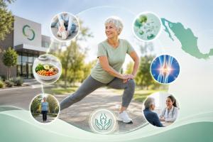 Older adult exercising with symbols representing joint mobility, healthy aging, and regenerative medicine.