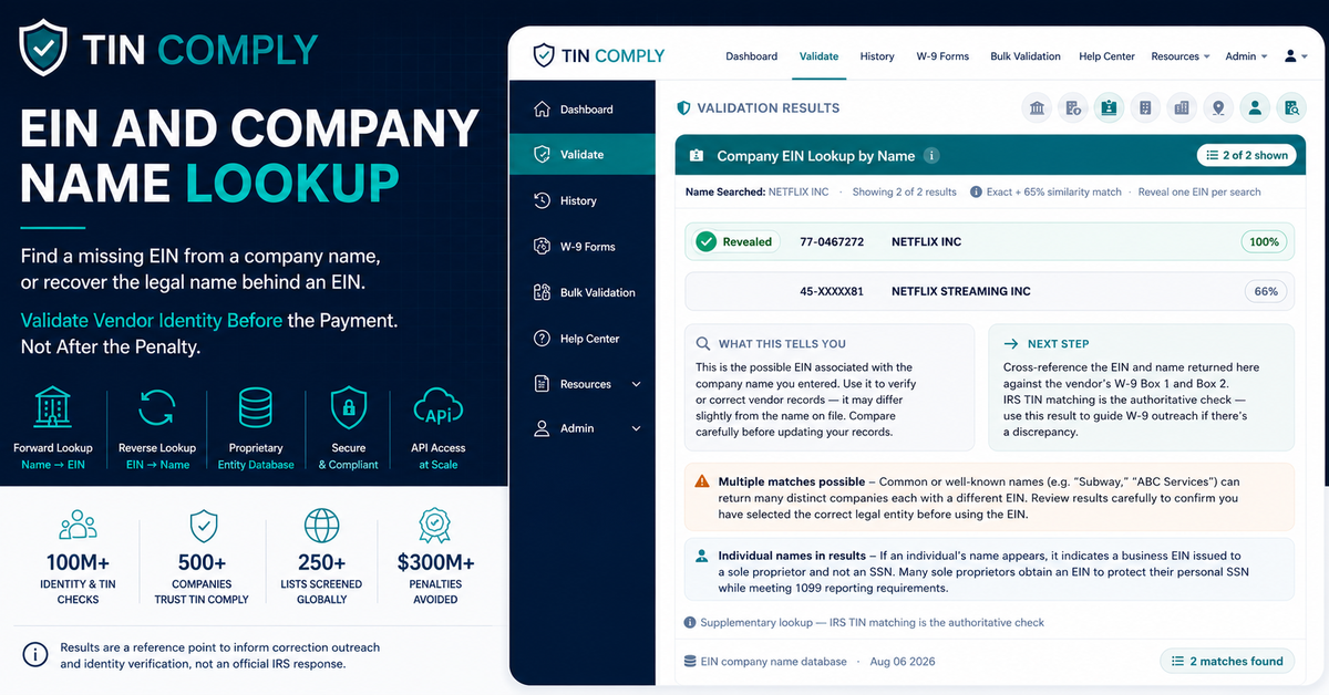 TIN Comply Launches EIN and Company Name Lookup for Vendor Identity Checks