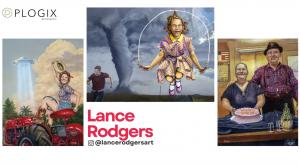 Contemporary artist Lance Rodgers will see his work take center stage in one of the world's most iconic locations when selected pieces from his collection are featured on a digital billboard in Times Square, New York City, on Friday, Aug shows 3 different paintings of difference scenes with symbolism of tornado, jumping rope, Italian granparents and farmgirl on red tractor visited by flying saucer
