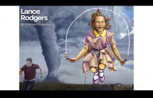 young girl jumping rope with impending tornado