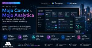 Launch graphic for Mojo Cortex and Mojo Analytica, Digital Mojo's AI-powered platform for real estate marketing with campaign dashboard and performance metrics.