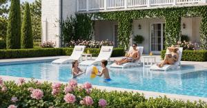 AquaCurve brown in-pool loungers with a matching side table on a shallow sun shelf, with a mother and child relaxing in a backyard pool.