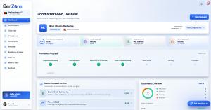 GenZone Platform dashboard showing Dubai company formation progress, filing readiness, residency and visa status, and financials in one view.