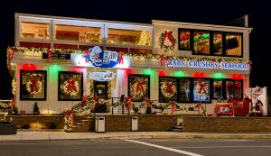 restaurant decorated with holiday lights