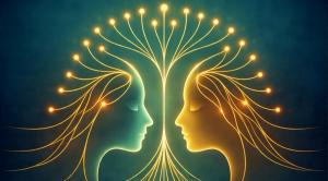 Two luminous profiles facing each other, connected by glowing golden neural branches on a deep teal background.