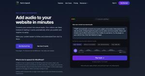 TTSWP homepage showing WordPress text to speech with ElevenLabs voices