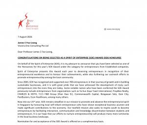 Extract from a Spirit of Enterprise Award 2026 notification letter confirming that James C Foo Leong has been selected as an honouree under the Established Companies category.
