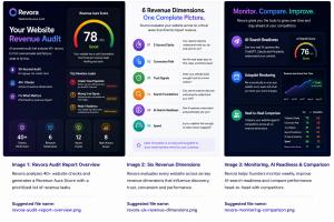 Revora website revenue audit showing 40+ checks and Revenue Aura Score
