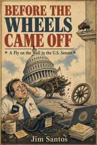 Author Jim Santos today announced the release of his new memoir, "Before the Wheels Came Off: A Fly on the Wall in the U Book cover for Before the Wheels Came Off: A Fly on the Wall in the U.S. Senate. A harried tech support worker watches a crumbling Capitol building roll away on a cart with breaking wheels.