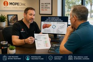 MOPE Clinic provider reviewing fatty liver and low testosterone lab results with a male patient in Metairie