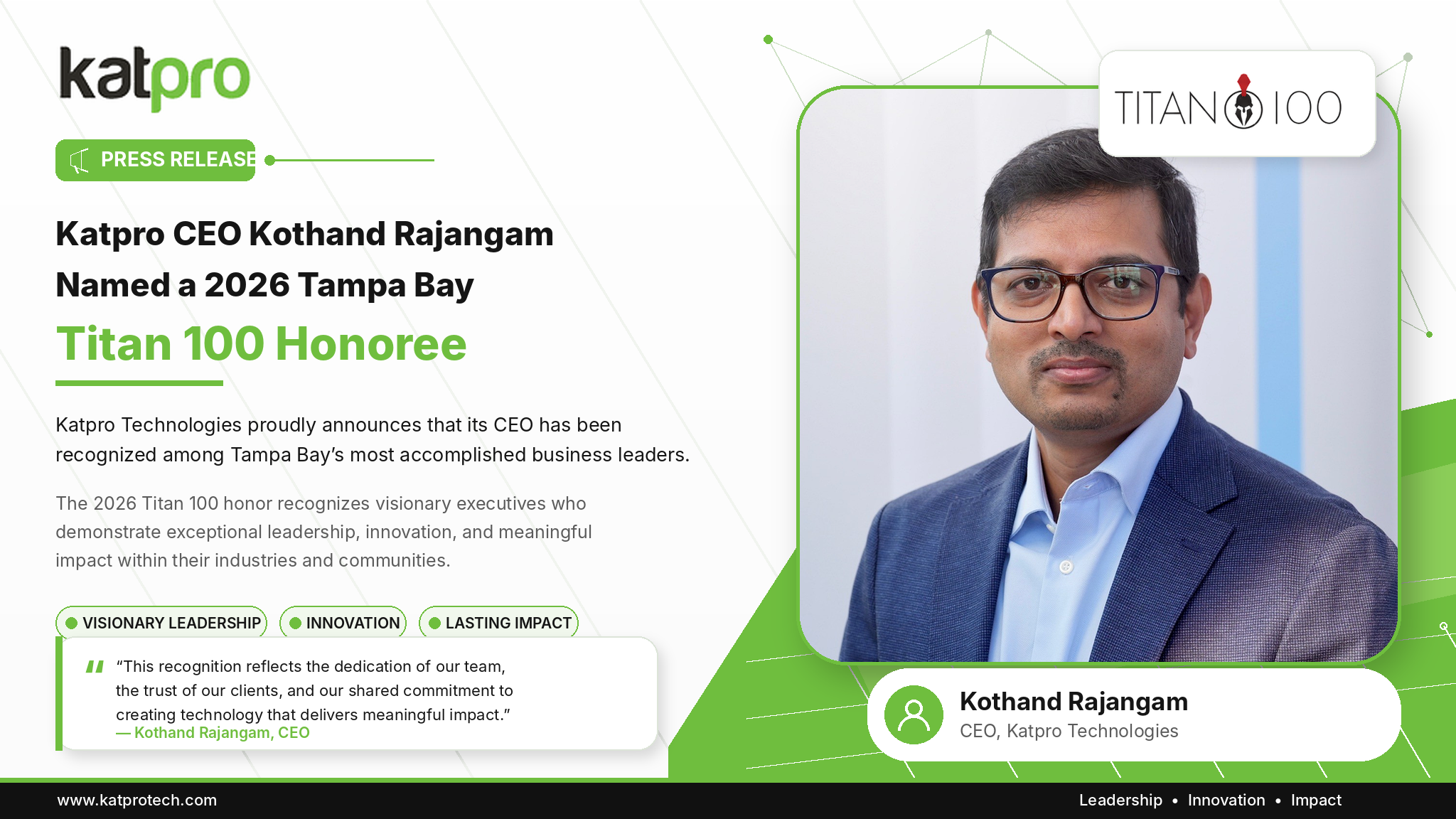 Katpro Technologies CEO Kothand Rajangam Named 2026 Tampa Bay Titan 100 Honoree
