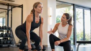 Long-term research on the menopause transition has found that a woman's rate of fat gain roughly doubles, and lean mass begins to decline, about two years before her final menstrual period Middle-aged woman performing dumbbell resistance training with a personal trainer in a modern gym as part of a menopause strength program.