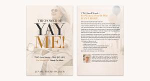 Front and back covers of The Power of YayMe! by Jenise Walker, displayed against a warm neutral background. The front features a smiling older woman riding a Vespa surrounded by colorful balloons. The back asks, “What if your best chapter hasn’t been writ