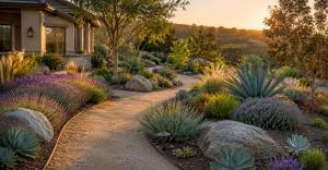 Drought-tolerant front yard landscape in Granite Bay, California with agave, lavender, ornamental grasses, and a curved decomposed granite pathway at golden hour