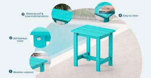 AquaCurve turquoise in-pool side table with feature callouts for weather resistance, stainless steel screws and easy cleaning.