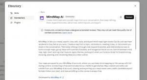 Screenshot of the MindMap AI connector listing in Claude, showing its description, features, and Connect button.