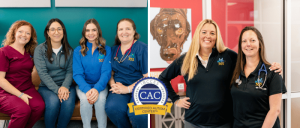 Group of six female healthcare professionals smiling, with a Certified Autism Center (CAC) badge in the center of the image.