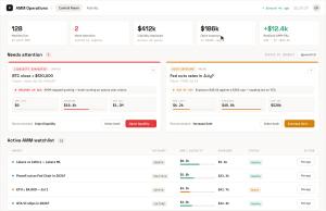 Vinfotech AMM operations panel managing automated market maker pricing, spreads, inventory and exposure limits for prediction markets
