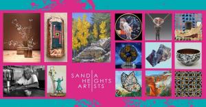 Collage of artwork by Sandia Heights Artists, including paintings, glasswork, jewelry and pottery.
