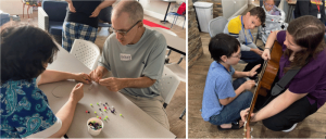Two images: left, adults making beaded crafts; right, children learning guitar from an instructor seated on the floor.