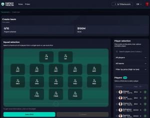Pamja e ekranit të ndërfaqes së ndërtimit të ekipit Fantasy Tribuna.com që tregon një plan urbanistik të fushës së futbollit me portierë, mbrojtës, mesfushor dhe sulmues, një gjurmues buxheti prej 100 milionë dollarësh dhe një panel përzgjedhjeje lojtarësh që rendit çmimet dhe statistikat.