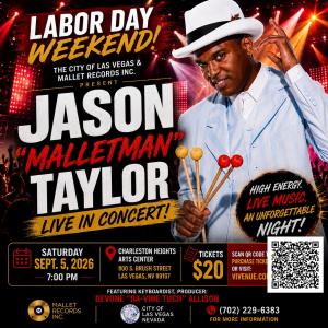 Las Vegas, feel the groove! Lionel Hampton protégé Jason “Malletman” Taylor brings high-energy Vibrafunk to Charleston Heights Arts Center Sept. 5 at 7 p.m., featuring Devone “Da-Vine Tuch” Allison. Tickets are $20!