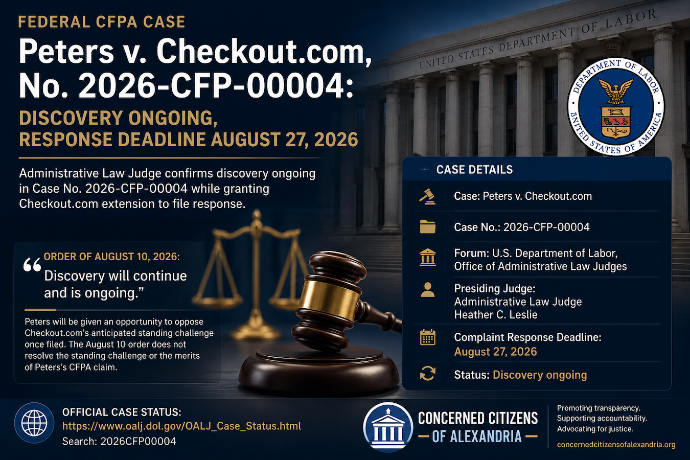 Federal CFPA Case Peters v. Checkout.com, No. 2026-CFP-00004: Discovery Ongoing, Response Deadline August 27, 2026