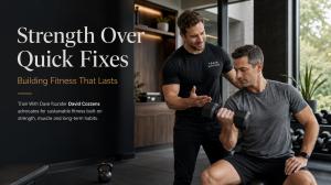 In a fitness culture often dominated by rapid transformations, restrictive diets and short-term challenges, Train With Dave founder David Cozzens is encouraging people to think differently about what it means to get in shape Personal trainer coaching a client through strength training in a modern gym, representing sustainable fitness, muscle building and long-term health.