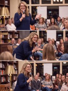 Author holds microphone while stands in crowded book store with her book propped on tall wooden chair.