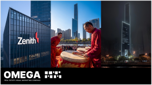 Three images of the Zenith development — building signage, a traditional launch ceremony, and an illuminated skyscraper at night — under the Omega real estate visual marketing company logo.