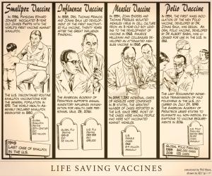 Cartoon illustration of life-saving vaccines from small pox and influenza to measles and polio.