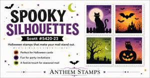 Anthem Stamps promotional graphic featuring Spooky Silhouettes Scott #5420-23 Forever stamps with Halloween-themed silhouettes, including bats, a black cat, spooky trees, an owl, and a jack-o’-lantern, highlighted for Halloween cards, party invitations, a