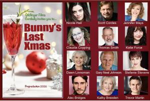 A photo of the cast of Bunny’s Last Xmas is placed beside the film’s poster art featuring a large cranberry cocktail
