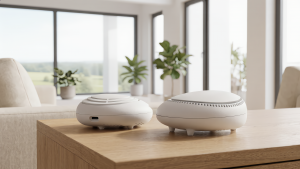 Two white, rounded CASABOT smart home devices sitting side by side on a wooden table in a bright, modern living room with large windows and green plants in the background.