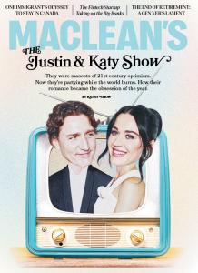 Maclean's will publish its September issue cover story, Cover of Maclean’s September 2026 issue featuring Justin Trudeau and Katy Perry smiling together inside a vintage turquoise television set. The cover story is titled “The Justin & Katy Show.”