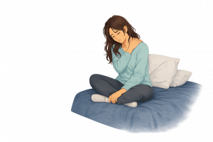 Illustration of a woman sitting cross-legged on a bed, holding her shoulder and appearing to experience pain.
