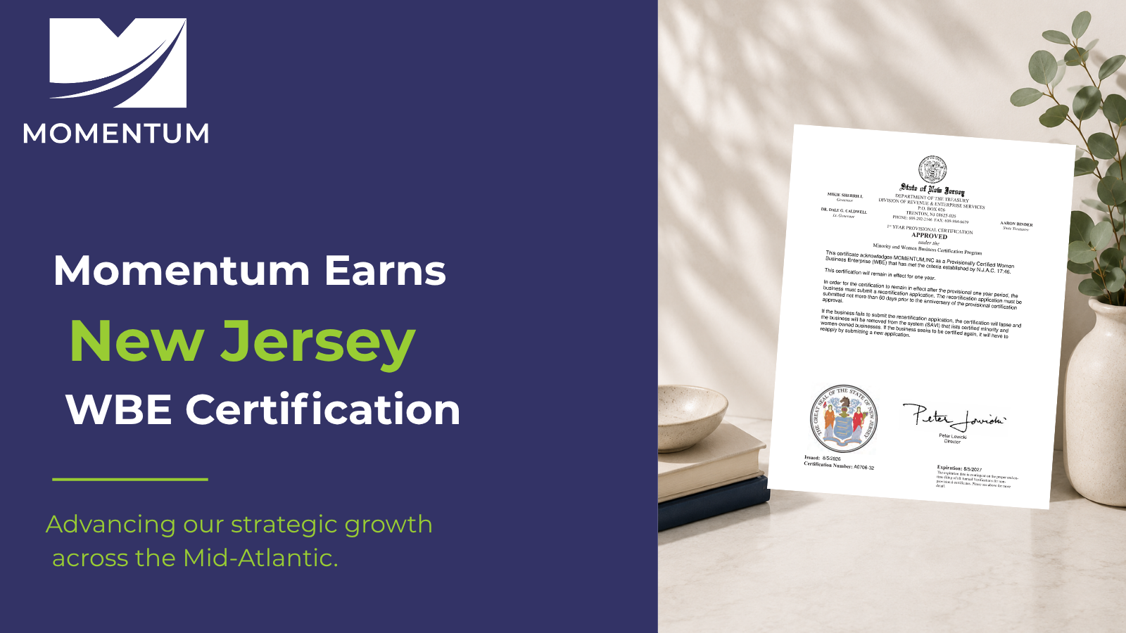 Momentum, Inc. Earns New Jersey WBE Certification, Advancing Strategic Growth
