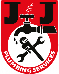 Official logo of J&J Plumbing Services featuring a red background, a black water faucet with dripping water, crossed plumbing tools, and bold white text reading