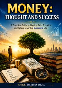 Book cover of Money: Thought and Success by Hiten Bhuta, featuring money, books, a compass, a tree, and a path symbolizing knowledge, values, personal growth, and success.