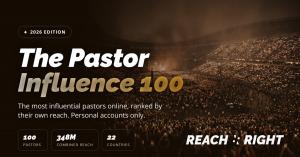 Pastor Influence 100 2026 title card over a nighttime stadium worship crowd holding up glowing phone lights before a lit cross, with stats: 100 pastors, 348M combined reach, 22 countries.