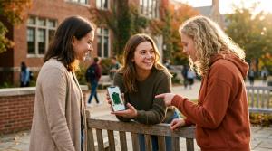 Varsity Base, an online store and specialized manufacturer of custom varsity apparel, has brought AI into its online jacket builder Three students on a college campus looking at a custom varsity jacket design on a phone.
