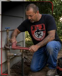 Natalio Pergis, owner of J&J Plumbing Services, using a red pipe wrench to work on exterior plumbing infrastructure and water supply lines at a residential property in Bakersfield.